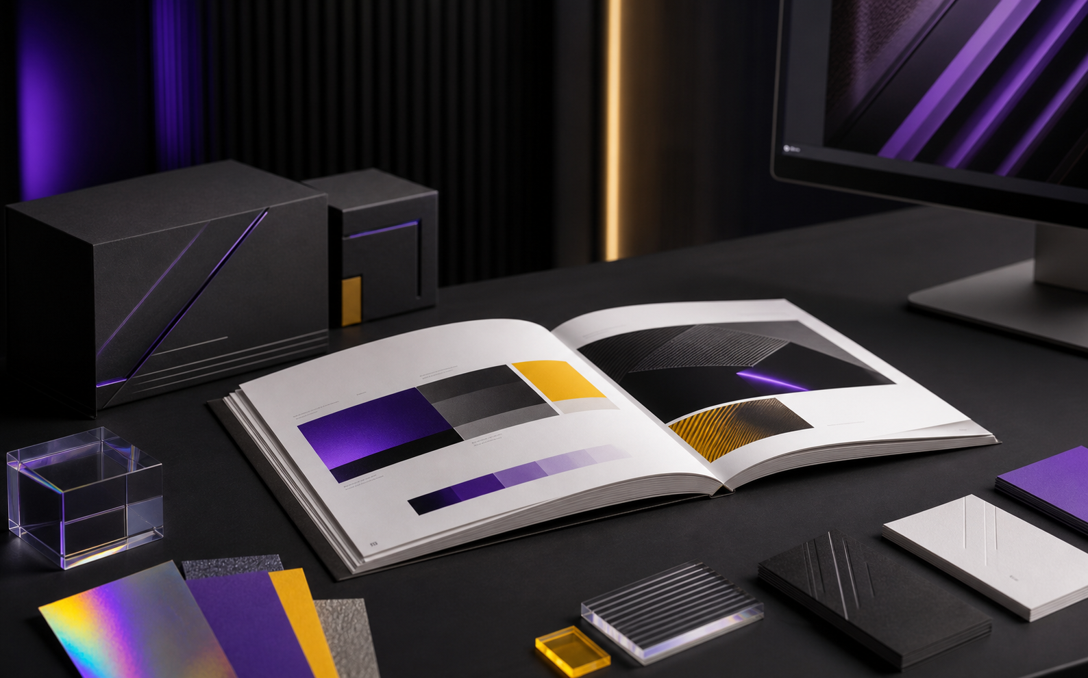 Mesa de criação com brandbook, materiais e aplicações de identidade